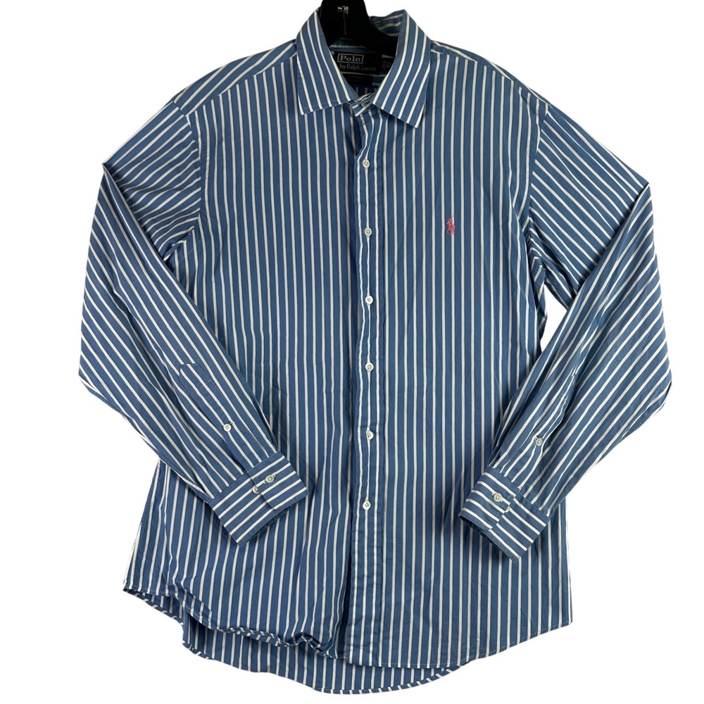 Polo Ralph Lauren Curham Button Down Mens 16.5 34/35 Blue Striped Preppy Classic